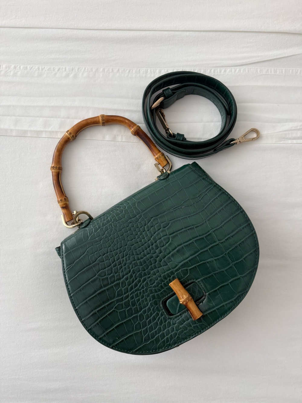 Croc-Embossed Top-Handle Bag with Bamboo Handles